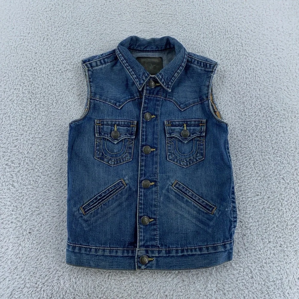 True Religion Denim Cut-off‎ Vest YOUTH KIDS XL Trucker Distressed Button Front